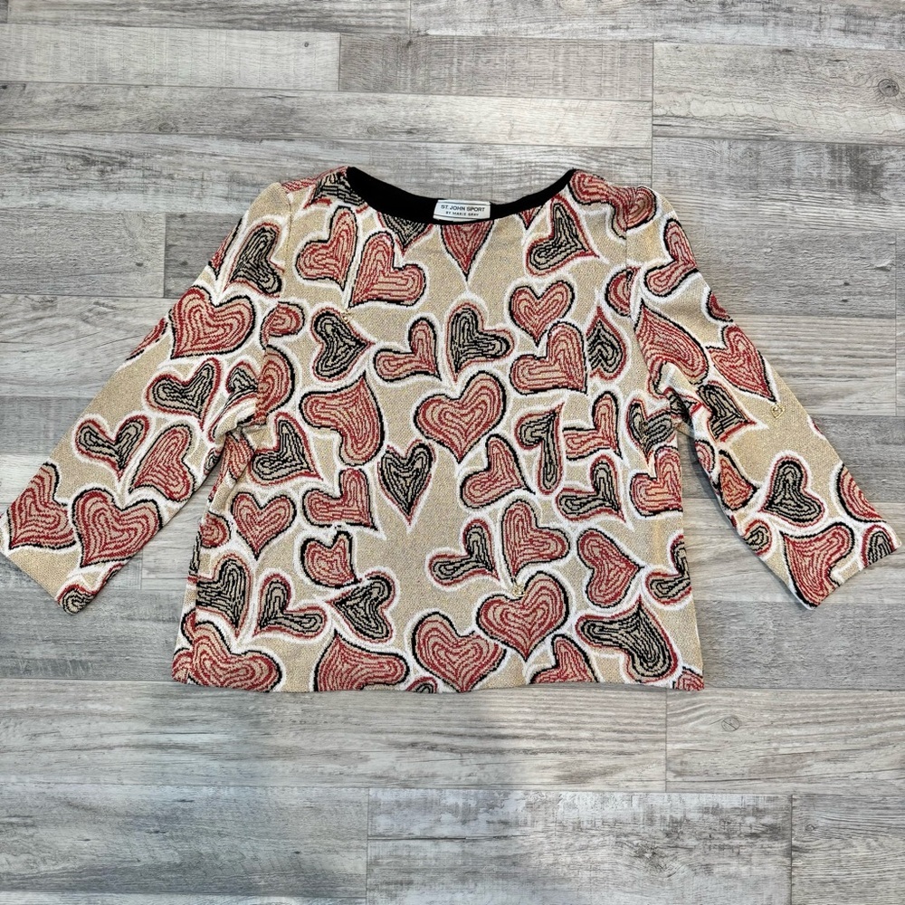 St John Sport gold red black heart print 3/4 sleeve sweater women’s  small E32